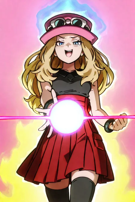 masterpiece, best quality, solo, yellow aura, looking at viewer, open mouth, blonde hair, pink background, spiked hair, smug, blue aura, charging energy, energy ball, red energy zzSerena, solo, long hair, blue eyes, eyewear on headwear, pink headwear, eyelashes, sleeveless shirt, black shirt, bracelet, high-waist skirt, red skirt, black thighhighs, <lora:SerenaPokemonIXL_v2:1.0>, <lora:DBSBroly_Style_IXL_v2:1.0>,