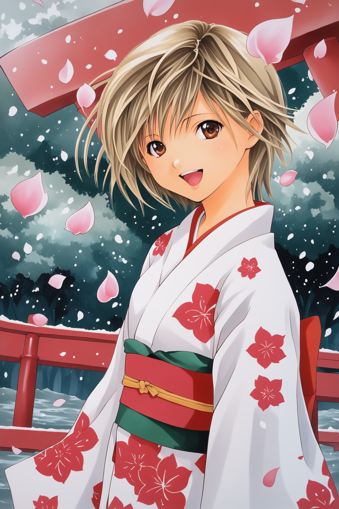score_7up,
Nishino Tsukasa,1girl,solo,short hair,blond hair,bjapanese clothes,white kimono,wide sleeves,sash,floral print,obi,standing,looking at viewer,upper body,smile,brown eyes,open mouth,snowing,petals,torii,traditional media,
<lora:Mizuki Kawashita_PONY_XL:1.4>,