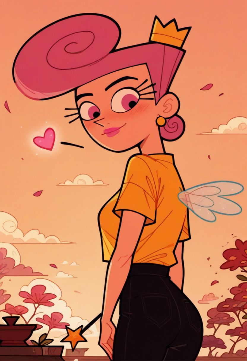 score_9, score_8_up, score_7_up, score_6_up, score_5_up, score_4_up, 
1girl, wanda (/Fairly OddParents)/,(ultra HD quality details), pink hair, pink eyes, pink lipstick, earrings,
yellow shirt, black pants, crown, wings, wand, floating
modest look, seducing viewer, hearts, posing, sexy pose, solo, bonsai, sakura, cherry blossom, submission, sunset, flowers, plants, cinematic lightings