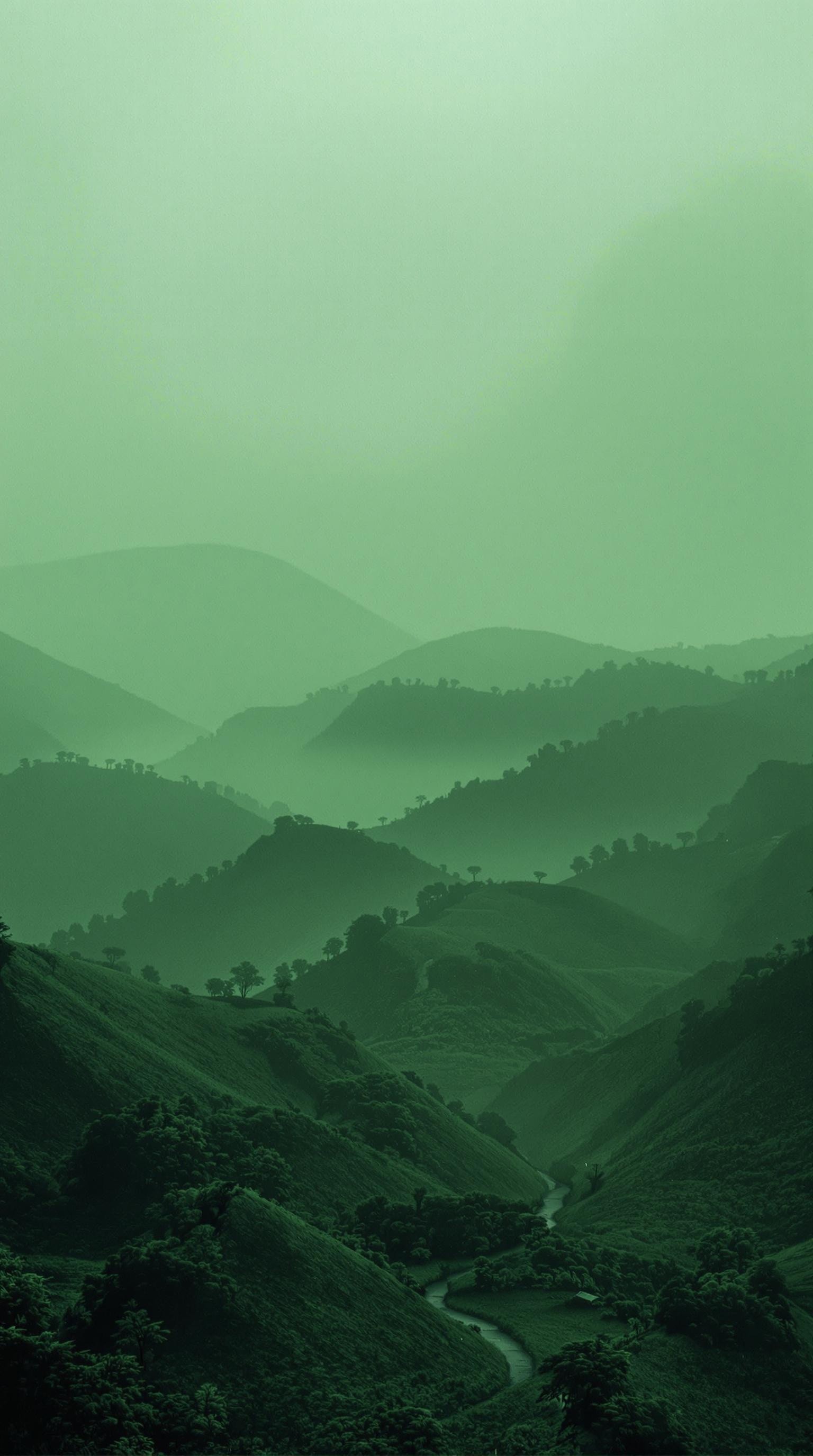 ((Green)): A hauntingly stunning landscape, perfect for a desktop wallpaper. Soft, muted tones dominate the palette, with unusual dark hues and faded colors blending seamlessly together. Atmospheric haze lingers, adding to the drama. Cinematic lighting casts long shadows, emphasizing every detail. Film grain texture adds depth, while professional composition guides the viewer's eye. Fine details are meticulously rendered, showcasing maximum level of detail. This masterpiece is a true work of art, boasting extreme precision and best-in-class quality.