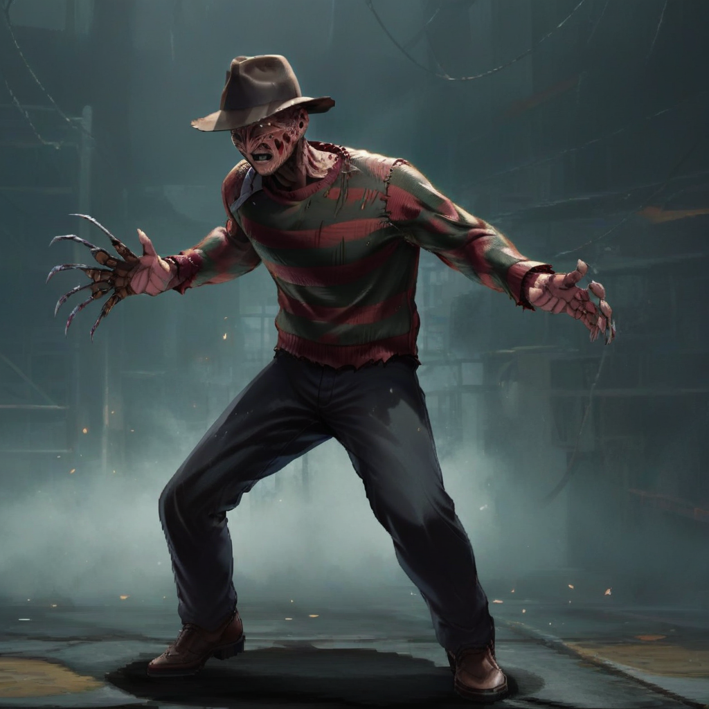 Horror Style 8K 2d pixel Masterpiece fighting game playing as freddykrueger wearing hat fighting pose, extremely detailed enchantingly beautiful street fighter sprites, (extremely detailed facial features), amazing cinematic lighting, immensely epic and lush background stage, ultra beautiful extremely detailed graphics, gorgeous composition, breathtaking visuals, high resolution, clean, high detail, sf3 style, full body view, center frame, wide shot, <lora:sf3-style:1> , fighting video gameplay  <lora:FreddyKrueger:1>