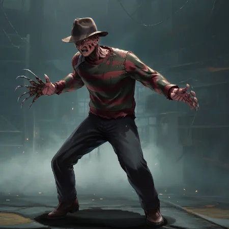 Horror Style 8K 2d pixel Masterpiece fighting game playing as freddykrueger wearing hat fighting pose, extremely detailed enchantingly beautiful street fighter sprites, (extremely detailed facial features), amazing cinematic lighting, immensely epic and lush background stage, ultra beautiful extremely detailed graphics, gorgeous composition, breathtaking visuals, high resolution, clean, high detail, sf3 style, full body view, center frame, wide shot, <lora:sf3-style:1> , fighting video gameplay <lora:FreddyKrueger:1>