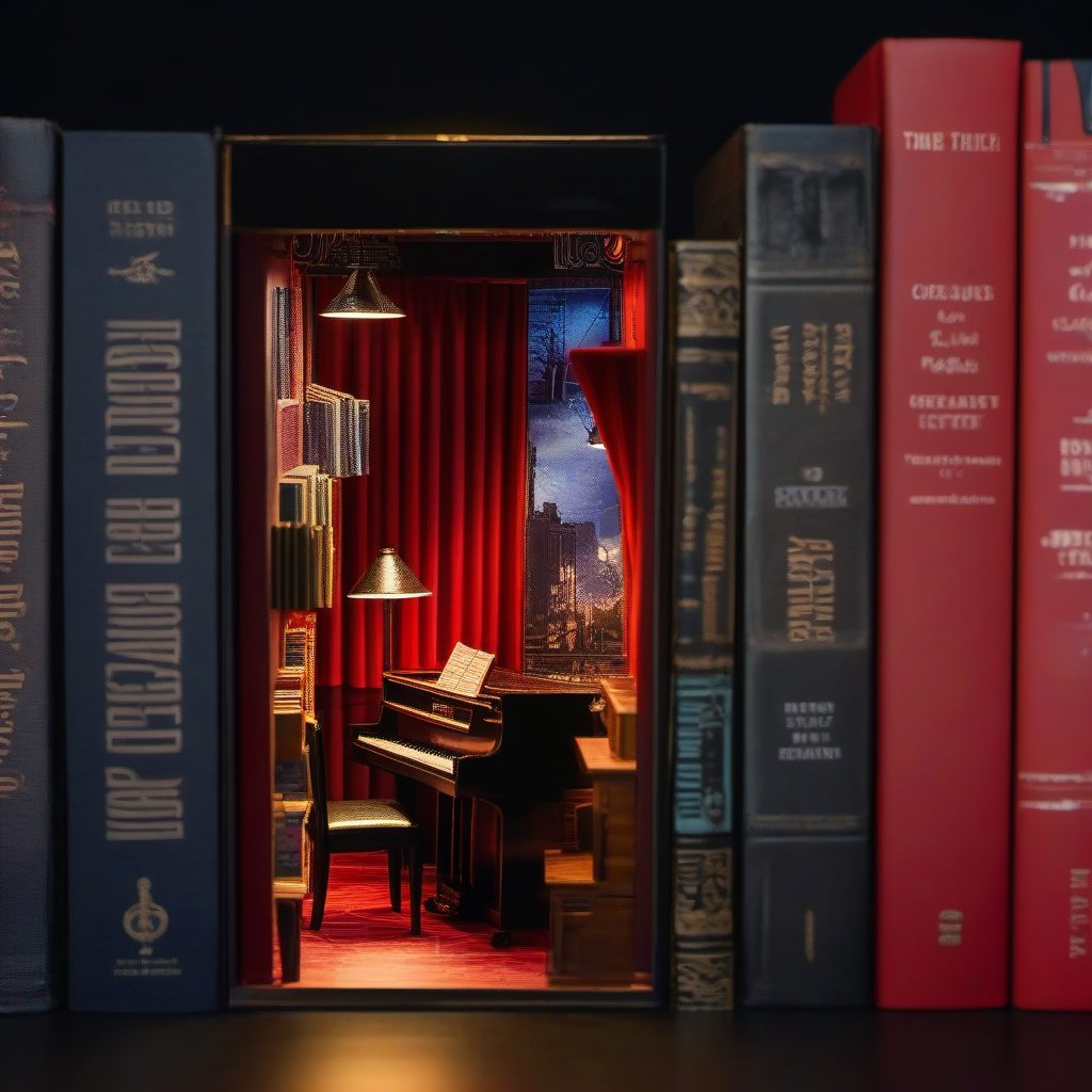hyperrealistic and intricate detailed photo of (book nook:1.5), jazz club, smoke, dark, piano, seats, tables, drinks, tiny stage, red curtains, <lora:book_nook:1>,
, 
realistic skin,
UHD 8k focus stacking, film grain, sharp focus, rule of thirds, insanely detailed, 
raytracing, photorealistic, depth of field, professional colorgrading