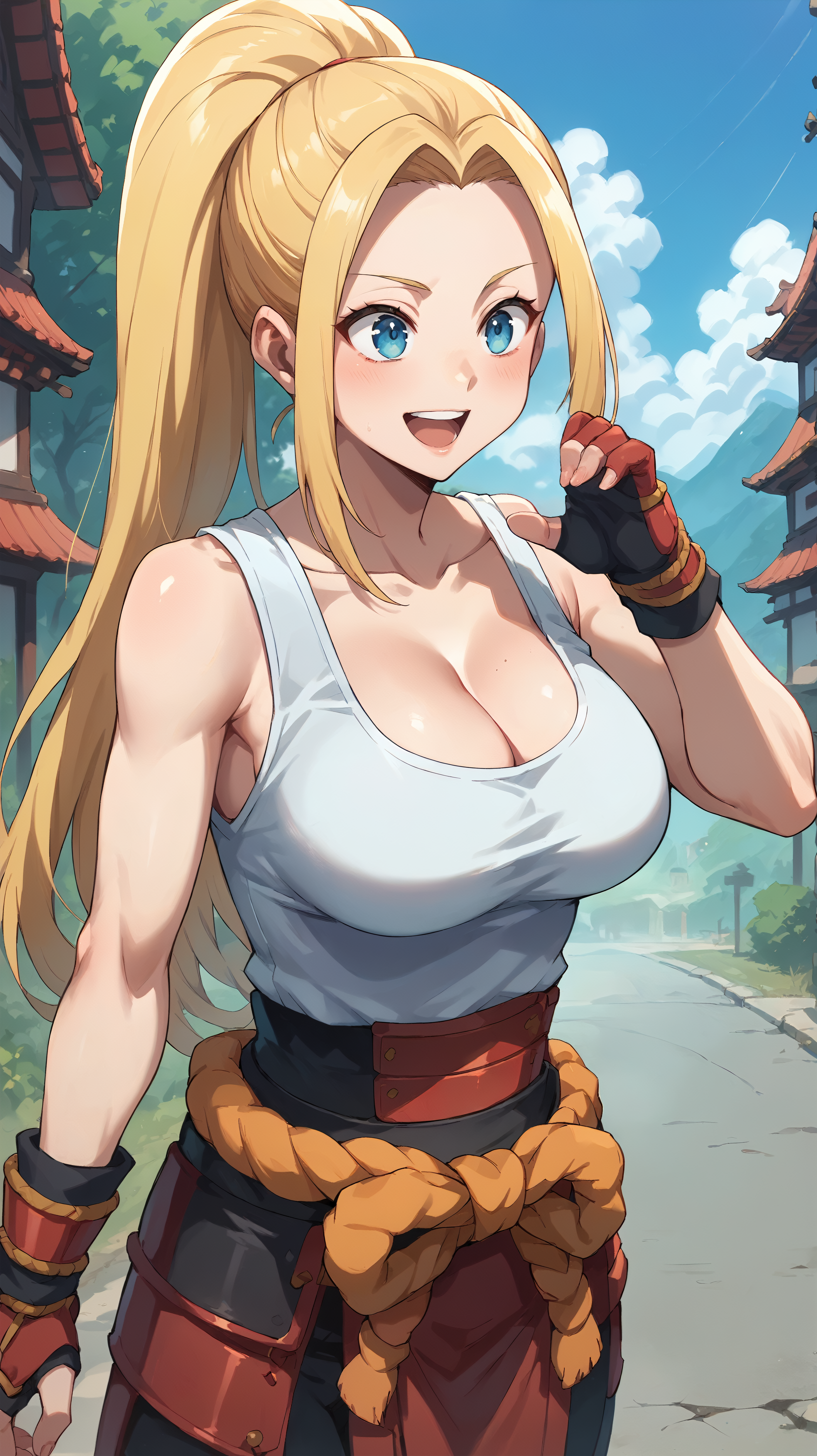 score_9,score_8_up,score_7_up,score_6_up, source_anime, zPDXL, <lora:xl_more_art-full_v1:0.5>, <lora:Wakfu_CartoonV02:0.5>, girl,long hair, blonde hair, ponytail, blue eyes, white tank top, red (samurai armor), red gloves, pants, large breasts,  <lora:Beatrix Amerhauser - Pony-000004:0.8>, head down, dynamice pose, open highway, empty roads, happy, middle of the road, daylight, japanese architecture,