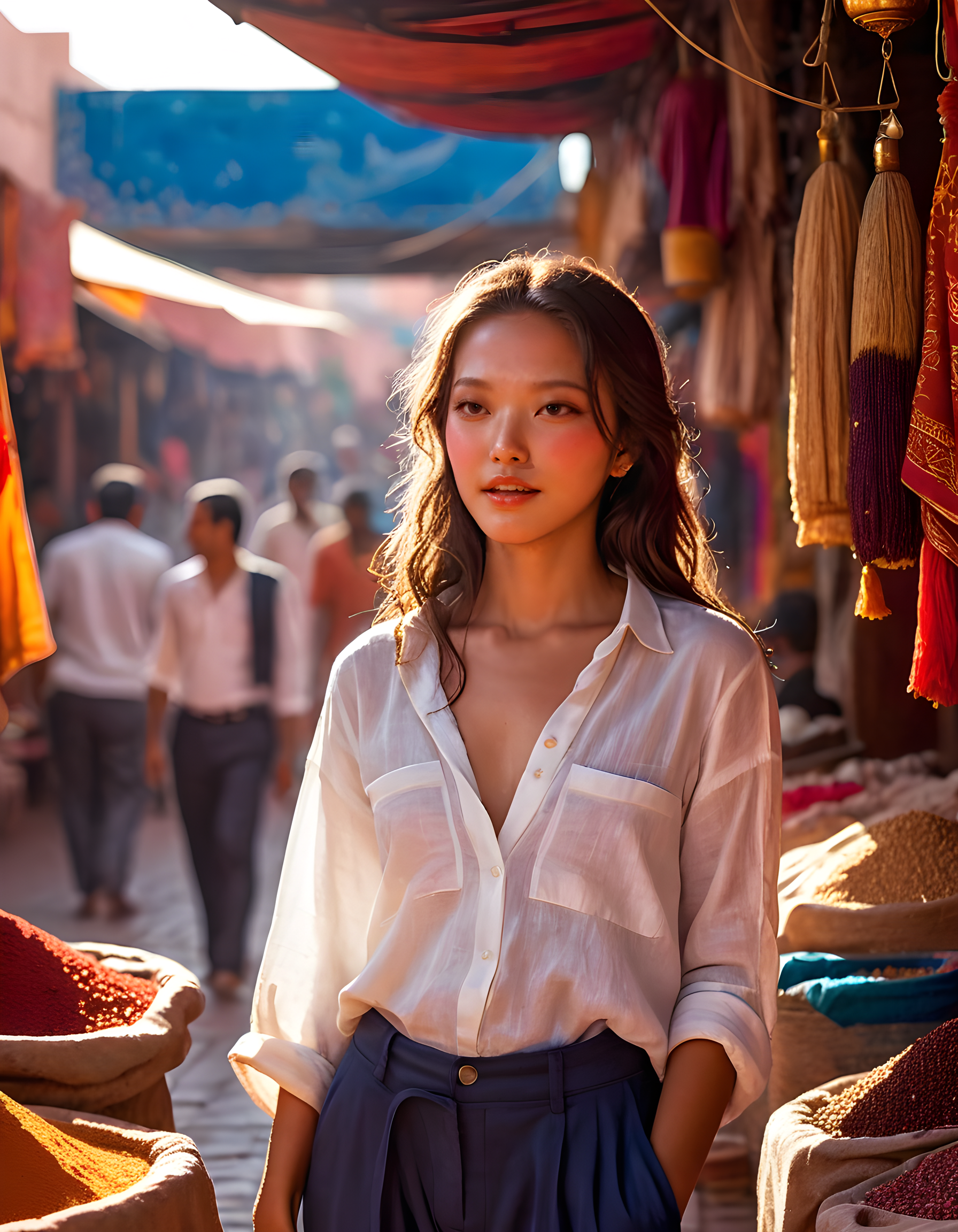 NJZH43R1N, In a vibrant, late-afternoon marketplace in Marrakesh, a striking woman with black, wavy hair cascading down to her shoulders stands tall. She wears a crisp, white linen shirt, the sleeves rolled up to reveal tanned, slender arms, and loose, wide-legged trousers of deep indigo. Her lips are painted a bold, fiery red, contrasting with her otherwise natural appearance. The sun casts warm, golden light upon her, highlighting her features and creating an ethereal glow. In the background, colorful stalls overflow with spices, textiles, and intricate crafts, while the distant call to prayer echoes softly in the air. The camera is positioned at eye level, capturing her from the waist up, as she gazes thoughtfully into the distance, a single bead of sweat trickling down her forehead, her closed mouth betraying a sense of quiet contemplation amidst the bustling market scene.