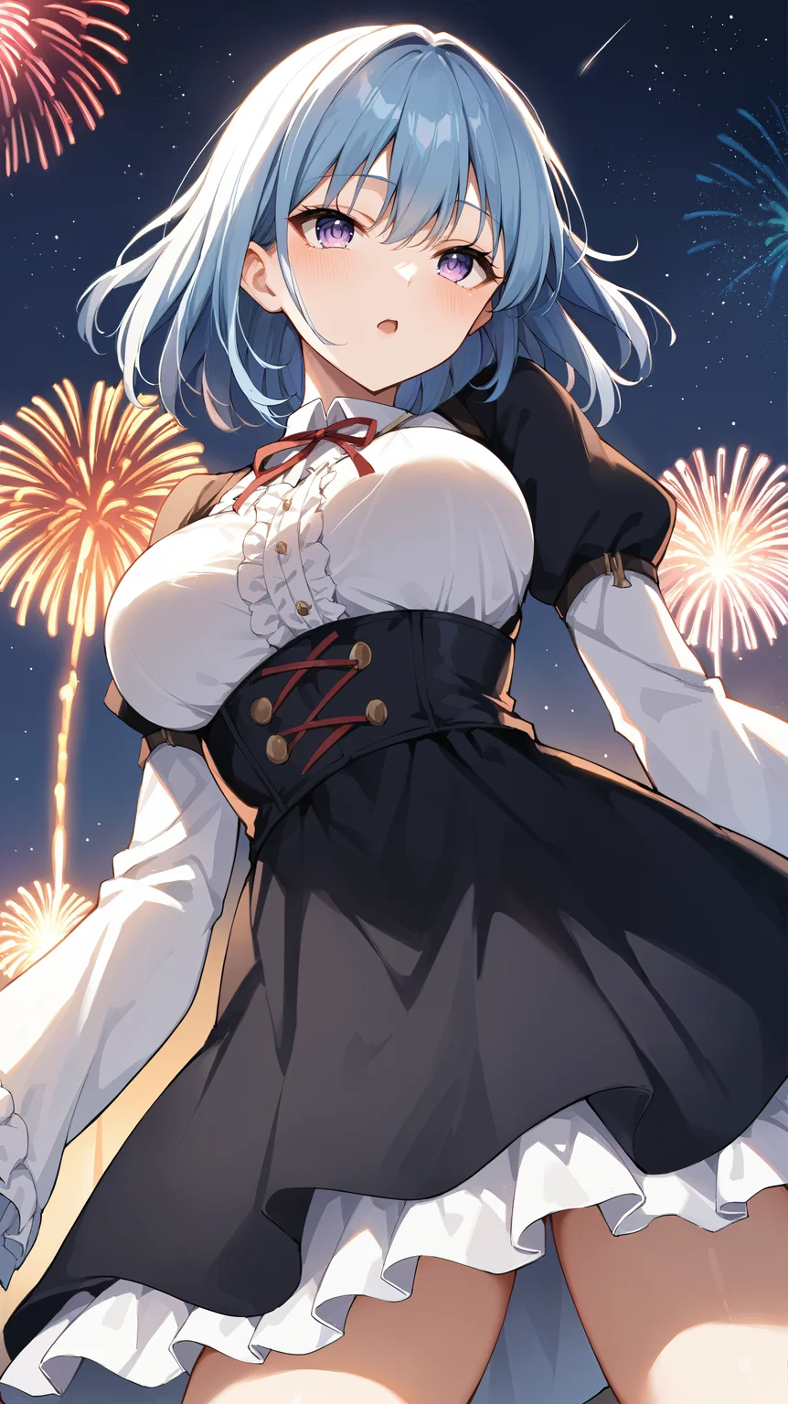 score_9,score_8_up,score_7_up,score_6_up, source_anime, zPDXL3, <lora:xl_more_art-full_v1:0.5>, woman, dynamic pose,, black dress, black corset, white sleeves, frilled dress, blue hair, purple eyes, medium hair, red ribbon, <lora:Eris - Pony_v2-000004:0.8>, legs apart, night sky, stars, fireworks, looking up,