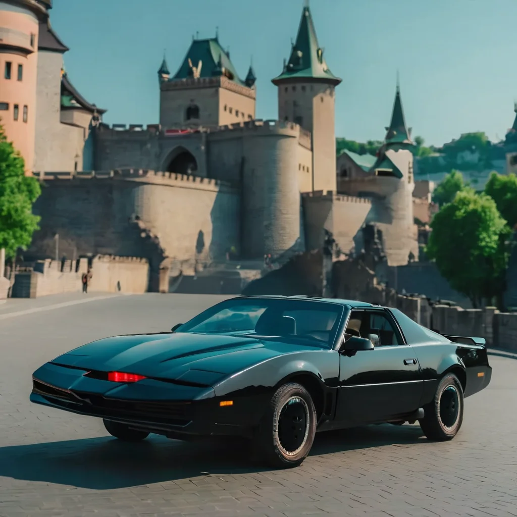 kitt1984 black car  with a fantasy city in the background, cinematic, epic, dragons  <lora:kitt1984XL:1>