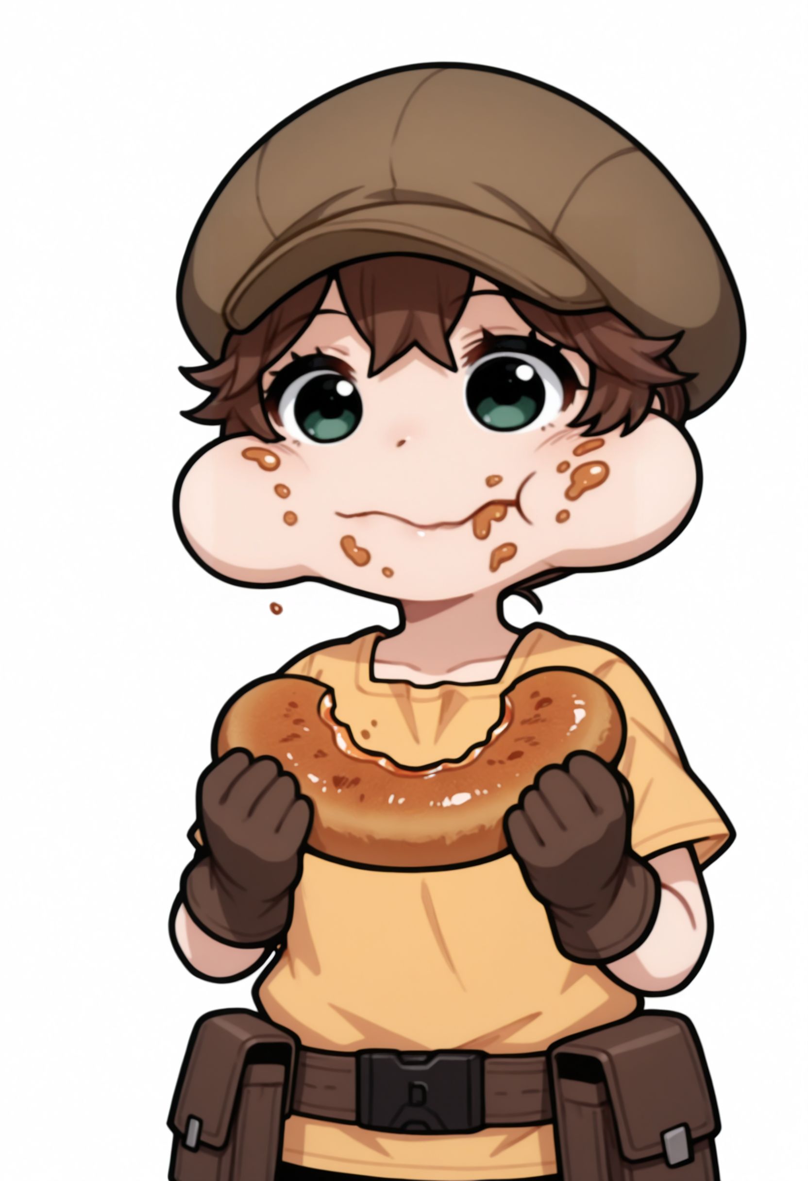 masterpiece,best quality,absurdres,highres,very aesthetic,high quality,detailed,insanely detailed,beautiful,  solo, upper body, white background, 
 <lora:Yakumaru Itsuki illu:1> 1girl, short hair, brown hair, green eyes, cabbie hat, short sleeves, brown gloves, yellow shirt, bike shorts, pouch <lora:watermelon_reimu:1> chibi style, exaggerated eyes, exaggerated expression, puffed cheeks, full cheeks, eating, stuffed mouth, food stains, food on face, drooling, cute, comedic expression, silly face, cartoonish, round eyes, closed mouth, chewing, munching, holding, holding food, eating, food in hands, meme face, funny face, meme