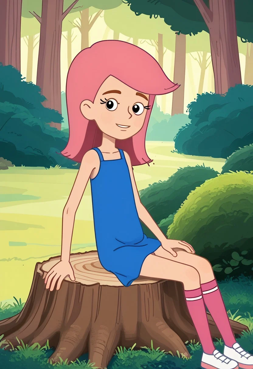 skinny, shorty, undersized, solo focus,  girl olya, 1girl, long hair, pink hair, snub nosed, black eyes, eyelashes, thin hands, short limbs, pink kneesocks, white footwear, posing, smug smile, forest, trees, bushes, short slip  blue sundress,  flat chested, sitting on tree stump,  bedroom eyes, parted lips,  looking at viewer,
