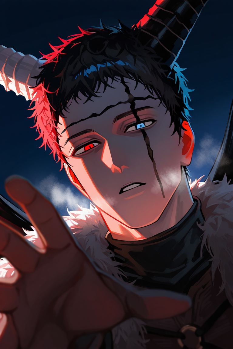 realistic shading, dimlighting, sidelighting, facial marked-male focus, looking at viewer, expressive expressionless face, zenonbc, black_zenonbc_facial mark, black_zenonbc_short hair, blue-red_zenonbc_heterochromia, black-white_zenonbc_demon horns, 1boy, head tilt, parted lips, open mouth, breath, shiny skin, reaching out, demon wings, simple plain blue background, dark environment, bone, shadow, foreshortening, dutch angle, dynamic angle, dynamic action, intricately detailed illustration, cinematic, depth of field, atmospheric perspective, masterpiece, best quality, amazing quality, very aesthetic, absurdres, newest