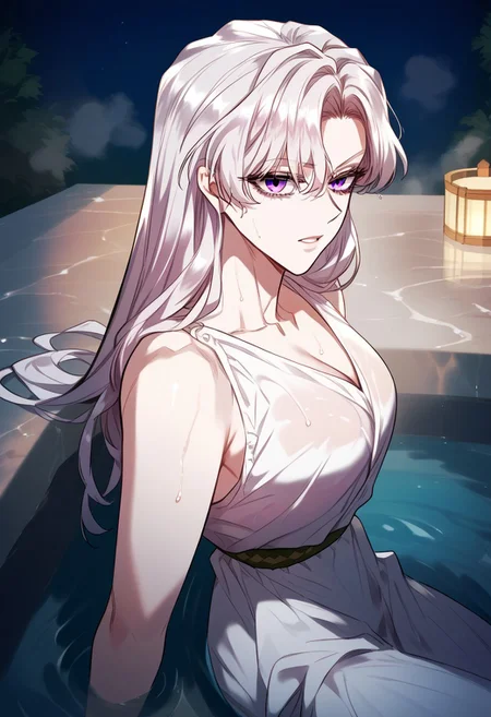 zPDXL3, score_9_up, score_8_up, score_7_up, (Anime_source), 1girl,Roselyn, purple eyes, white hair, long hair, Bath outfit, parted lips, sitting in hot tub, night, indoor, cowboy shot, steam, wet, looking at viewer, from side, from above
