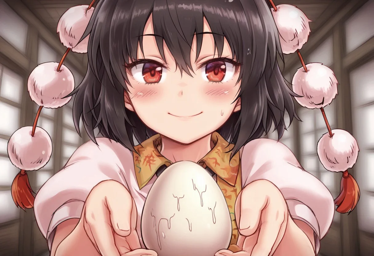 best quality,
1girl, solo, shameimaru aya, looking at viewer,
giving egg, giving, smile, blush, wet