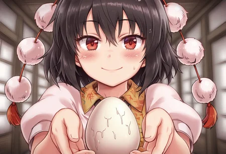 best quality, 
1girl, solo, shameimaru aya, looking at viewer,
giving egg, giving, smile, blush, wet