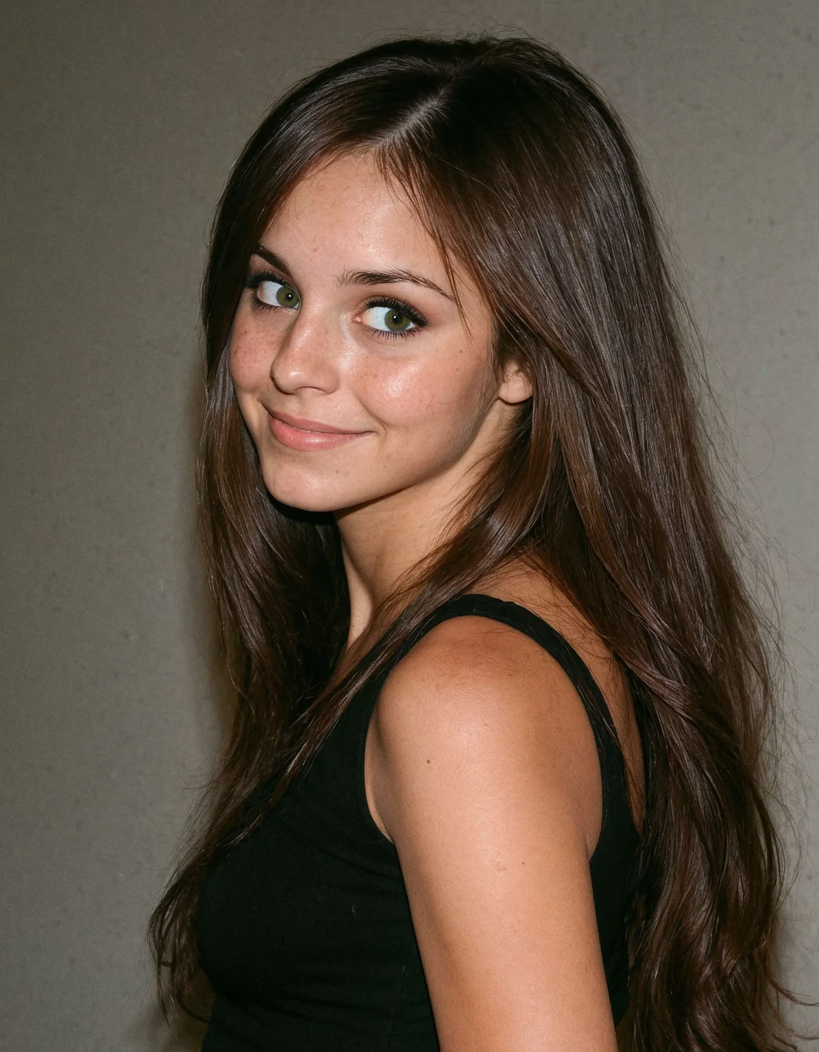 A candid paparazzi-style image of an exceptionally pretty young woman almost like a goddess beauty, she has long brown hair and green eyes, she has nice deep brown skin, she has a subtle smile that is barely considered a smile, she's looking away avoiding the camera as if she's shy of some sort, she's wearing a cute black top, hyper realistic, flash photography, unedited, close up. <lora:epiCRealnessRC1:1>