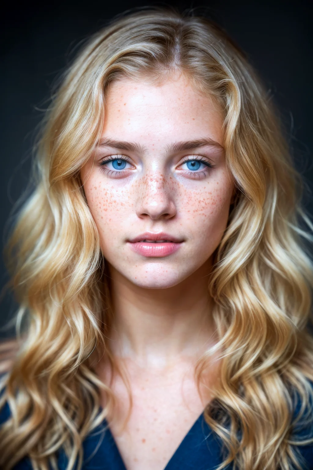 a photo portrait of a beautiful girl with curls and lots of freckles, (dirty blonde hair), (detailed blue eyes), (face portrait:1.5), dramatic light, Rembrandt lighting scheme, (hyperrealism:1.2), (8K UHD:1.2), (photorealistic:1.2), shot with Canon EOS 5D Mark IV, detailed face, detailed hair