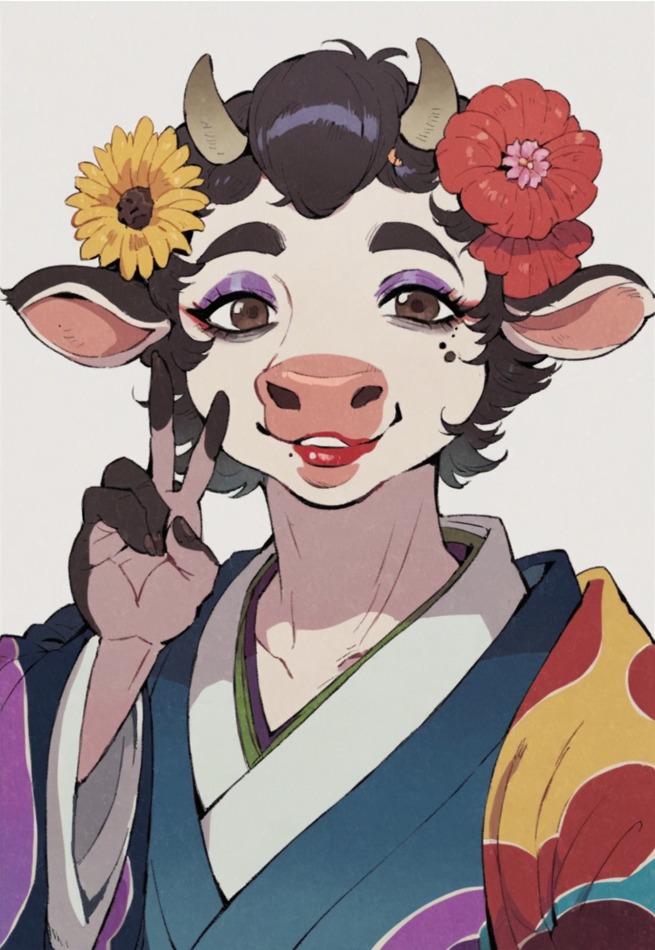 score_9, score_8_up, score_7_up, mononoke, cattle, bovid, bovine, cow horn, v, furry, anthro, female, solo, japanese clothes, 1girl, makeup, kimono, lipstick, mole, mole under eye, looking at viewer, smile, short hair, flower in hair, flower