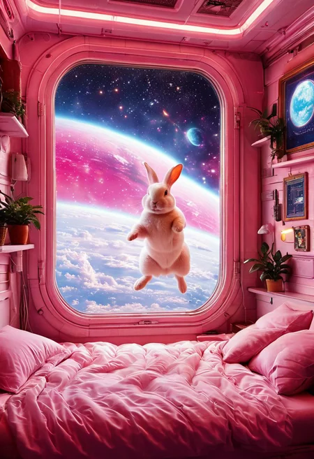 professional epic action photo of hyperrealistic fat white rabbit with big brown eyes jumping into the air on bed, cute animals page, plants on the windowsill, tiny bedroom in space, anchespaceroom, view out of the window of hyperdetailed planet-earth, pink neon lights around window, vaporwave
