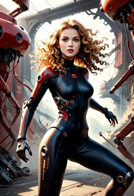score_9, score_8_up, score_7_up, woman 30yo, European caucasian, blond hair, long curly hair, cowboy shot, medium breasts, cute, red and (black:0.4) bodysuit, mechanical parts, action pose