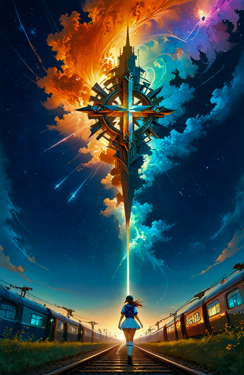 score_9, score_8_up, score_7_up, score_6_up,
score_9,score_8_up,score_7_up,source_anime,
XUER gufeng,<lora:ç»ªå¿ å¤é£ XUER gufeng:0.8>,
In the style of Makoto Shinkai Anime,Anime Movie Your Name,wide angle long shot of a girl with sailor uniform standing at a railway cross at sunset,gradient dark blue and orange sky,starry sky with large glowing purple and blue shooting star,highly detailed,ultra-high resolutions,32K UHD,best quality,masterpiece,
detailxl_xl, <lora:add-detail-xl:0.8>,  ,  <lora:Fant5yP0ny:0.8>,  <lora:sinfully_stylish_SDKL:0.8>, <lora:Vivid Midjourney mimic - XL SDXL v2.0:0.8>,  <lora:vivid_everclear:0.8>
