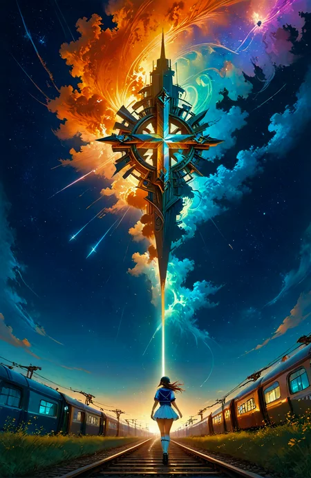 score_9, score_8_up, score_7_up, score_6_up,
score_9,score_8_up,score_7_up,source_anime,
XUER gufeng,<lora:ç»ªå¿ å¤é£ XUER gufeng:0.8>,
In the style of Makoto Shinkai Anime,Anime Movie Your Name,wide angle long shot of a girl with sailor uniform standing at a railway cross at sunset,gradient dark blue and orange sky,starry sky with large glowing purple and blue shooting star,highly detailed,ultra-high resolutions,32K UHD,best quality,masterpiece,
detailxl_xl, <lora:add-detail-xl:0.8>, , <lora:Fant5yP0ny:0.8>, <lora:sinfully_stylish_SDKL:0.8>, <lora:Vivid Midjourney mimic - XL SDXL v2.0:0.8>, <lora:vivid_everclear:0.8>