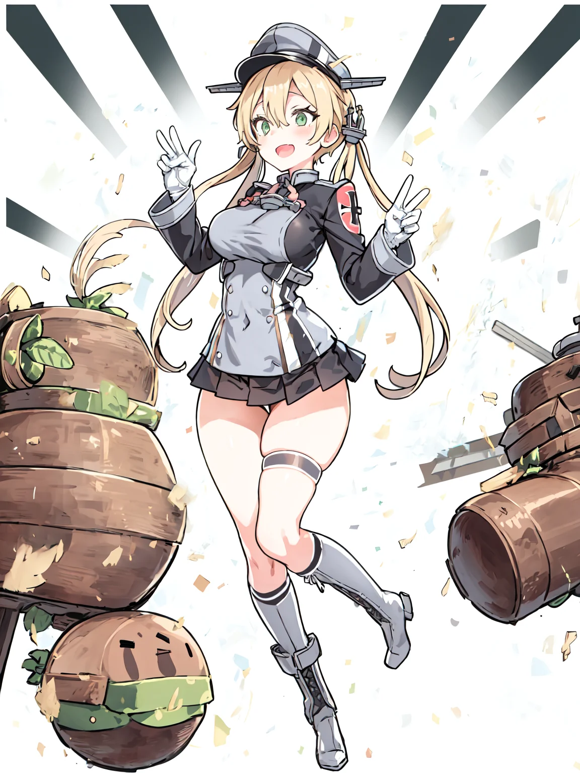prinz eugen \(kancolle\), <lora:PrinzEugenFullTag1-000007:0.8>, green eyes, anchor hair ornament, peaked cap, hat ornament, military uniform, iron cross, long sleeves, white gloves, black skirt, pleated skirt, miniskirt, kneehighs, boots, large breasts, masterpiece, best quality, highres, <lora:standingFullBodyWithBackgroundStyle_v10Offset:1>, pudding, sweets, full body, pink theme, (white background:1.2), :D, eating, table, border, outside border, tachi-e,