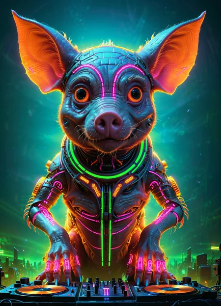 Ombre color scheme of neon orange, neon pink, neon blue, neon yellow, neon green, biomechanical cyberpunk psychedelic style cute weird (alien|pig) creature DJing (at a rave:1.1) (giant speakers:1.2) (crowd distant background:1.15) (bokeh volumetric lighting, fog:1.1) <lora:fx-monsters:0.35> fx-monsters <lora:add-detail-xl:1> <lora:sss:0.8> <lora:xl_more_art-full_v1:0.35> <lora:The_Dark_Side_Of_The_Future:0.25> <lora:vibracol:0.5> vibracol, subsurface scattering, Photorealistic, Hyperrealistic, analog style, realistic, film photography, soft lighting, heavy shadow . vibrant colors, swirling patterns, abstract forms, surreal, trippy . cybernetics, human-machine fusion, dystopian, organic meets artificial, dark, intricate, highly detailed