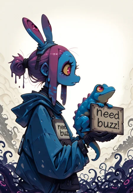 kodoku, bulging eyes, colored sclera , creature , holding , holding creature, looking at creature , profile , red eyes ,🐸 , single tooth , tentacle hair , yellow eyes , yellow sclera ,need_buzz, holding sign
masterpiece, best quality ,amazing quality , S4bit4mago_illu , Protoneon , Rapscallionstyle ,