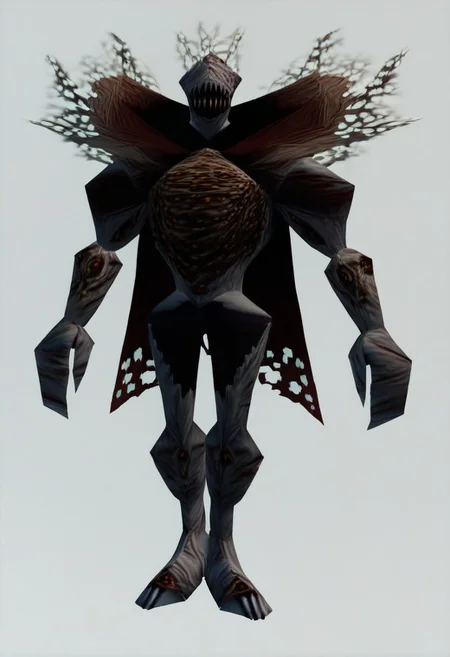 score_9, score_8_up, score_7_up, rating_safe,newest,n64zeldastyle, 3d, polygonal, white background, full body,fleshmutant,shadow monster,covered in eyes and mouths,cape,antenna
