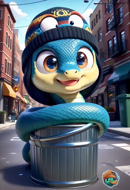 CuteCartoonStyle, adorable big shiny eyes, 3DSnakes, cool design, cool pattern, smiling happy expression, cute, wearing a beanie on his head, the snake is wrapped around a metal trash can in an urban city street, looking at viewer,