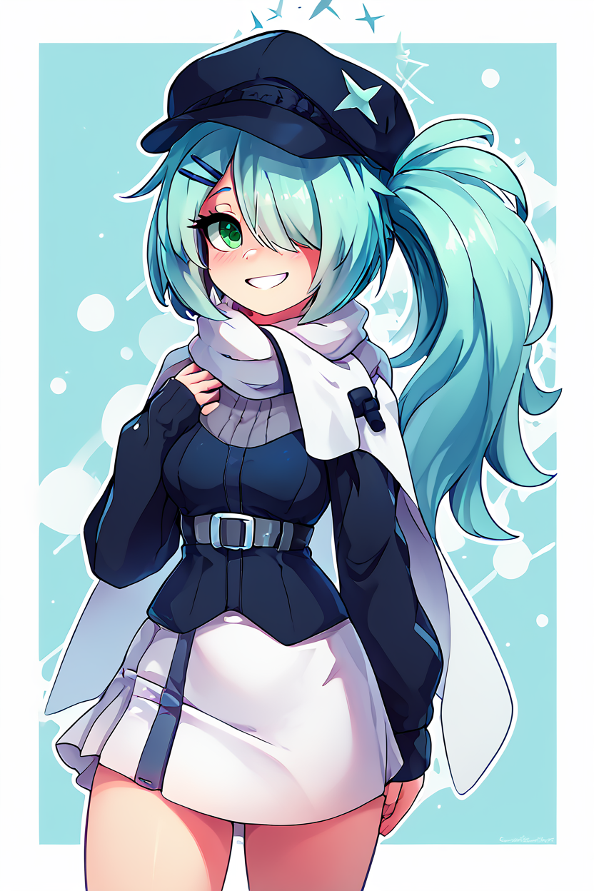 score_9, score_8_up, score_8, medium breasts, (curvy), cute, eyelashes,       BREAK, , ,,,  zzHiyori, long hair, hair over one eye, side ponytail, hairclip, hair ornament, aqua hair, green eyes, black headwear, hat, cabbie hat, long sleeves, white skirt, belt, white scarf, <lora:Hiyori_BlueArchive_PDXL_v2:0.8>,   ,,,, BREAK, smile, looking at viewer, ,,, abstract background, white outline, cowboy shot, ,,, embedding:zPDXL, Expressiveh, ,,, <lora:theOtherHalfPDXL:0.8>, <lora:CatalystStylePDXL:0.6>, <lora:SDXLFaeTastic2400:0.5>, <lora:Expressive_H-000001:0.4>,
