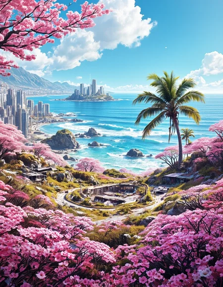 <lora:SWL_Stations1v2flux:1> lostst1, field of view, cyberpunk, cherry blossom, sea, waves, palm tree, island, abandoned cityscape,
