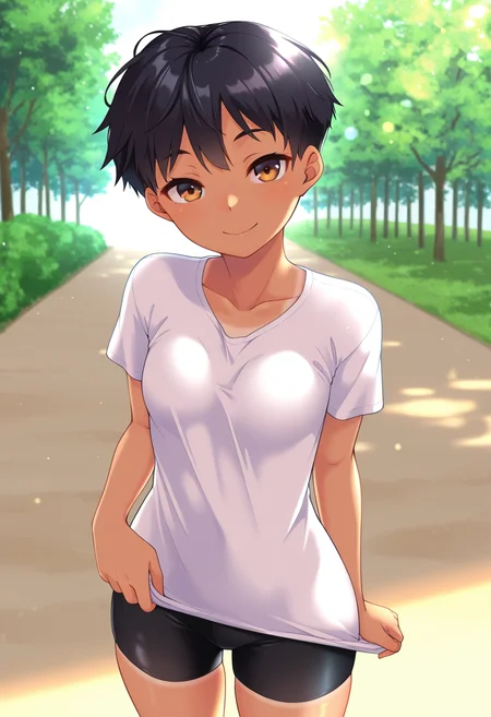 masterpiece, best quality, amazing quality, absurdres, 1girl, solo, cowboy shot, yukiww, tomboy, dark skin, dark-skinned female, tan, brown eyes, black hair, short hair, very short hair, small breasts, tanlines, t-shirt, bike shorts, looking at viewer, smile, outdoors, day, skindentation, detailed clothing folds, depth of field, sharp, high contrast, dynamic light <lora:Nitta_Yuki_Nitta_bravery_ill:0.9>