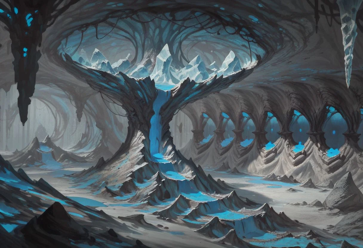 ASCIIcavern, organic ceiling, organic room, curved walls and doorways, ramps leading upward, frosted surfaces, ((blue lava floes, blue flames)), ice stalactites, ice stalagmites, asymmetrical, clean lines, highly detailed cavern, high quality, ((semi-realistic)), best quality, rating: g score_9, score_8_up
