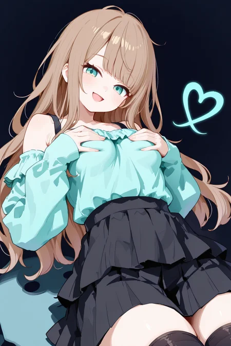 highres,absurdres,incredibly absurdres,huge filesize,cowboy shot,
1girl,portrait,brown long hair,aqua eyes,blunt bangs,small breast,off shoulder aqua shirt,black skirt,black thighhighs,detached sleeves,sleeves past wrists,open mouth,smile,fingers,f,<lora:Dittogirl:0.9>,dittogirl,<lora:hand 5.5:1>,<lora:DetailedEyes_V3:1>,<lora:748cmSDXL:0.8>,solo,swept bangs,disheveled hair,big breasts,hands on lower breasts,hands holding breasts,breasts supported by hands,