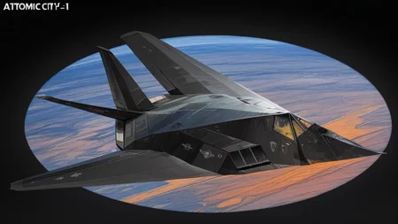 <lora:F-117_Illustrious:1> F-117, retro-futuristic, 1950s sci-fi, chrome details, exaggerated fins, atomic-age aesthetic, neon city, pulp magazine style, vibrant colors,masterpiece,best quality,amazing quality