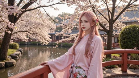 A peaceful Japanese garden in early spring,with a graceful 20-year-old woman with long pink hair in a flowing pink kimono standing on a red arched bridge,soft petals gently falling from a blooming cherry blossom tree,morning mist lingering above the water,warm golden light streaming through the trees,highly detailed,vivid style.,<lora:yuukananri-base-02-flux:0.9>,yuukananri,she has a slender physique and a petite build,<lora:aidmaMJ6.1v0.4:0.5>,aidmaMJ6.1,
