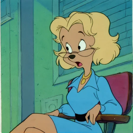<lora:misspennypacker_illustrious:1>, misspennypacker, 1girl, solo, breasts, open mouth, long sleeves, dress, sitting, looking to the side, black eyes, retro artstyle, 1990s \(style\), furry female, furry, animal nose, glasses, blonde hair, blue dress, necklace, jewelry, short hair, (masterpiece), (best quality), (ultra-detailed), amazing quality, very aesthetic, illustration, perfect composition, intricate details, absurdres, incredibly absurdres,