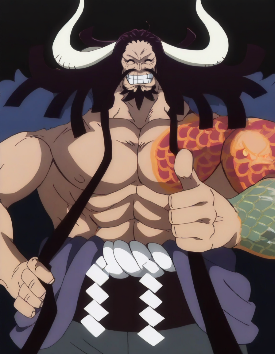 (masterpiece, best quality:1.1), 1boy, kaidou, mature male, (large pectorals:1.1), long mustache, dragon tattoo, manly, clenched teeth, closed eyes, ^ ^, (smile:1.2), (thumbs up:1.1), hand on own hip, jacket on shoulders, bare pectorals, black background, anime screencap, cowboy shot, (three quarter view:1.1), <lora:Kaidou_-_One_Piece_Illustrious:1>
