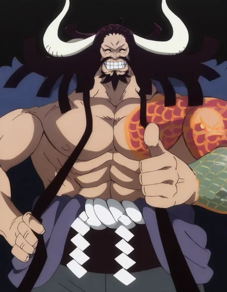 (masterpiece, best quality:1.1), 1boy, kaidou, mature male, (large pectorals:1.1), long mustache, dragon tattoo, manly, clenched teeth, closed eyes, ^ ^, (smile:1.2), (thumbs up:1.1), hand on own hip, jacket on shoulders, bare pectorals, black background, anime screencap, cowboy shot, (three quarter view:1.1), <lora:Kaidou_-_One_Piece_Illustrious:1>
