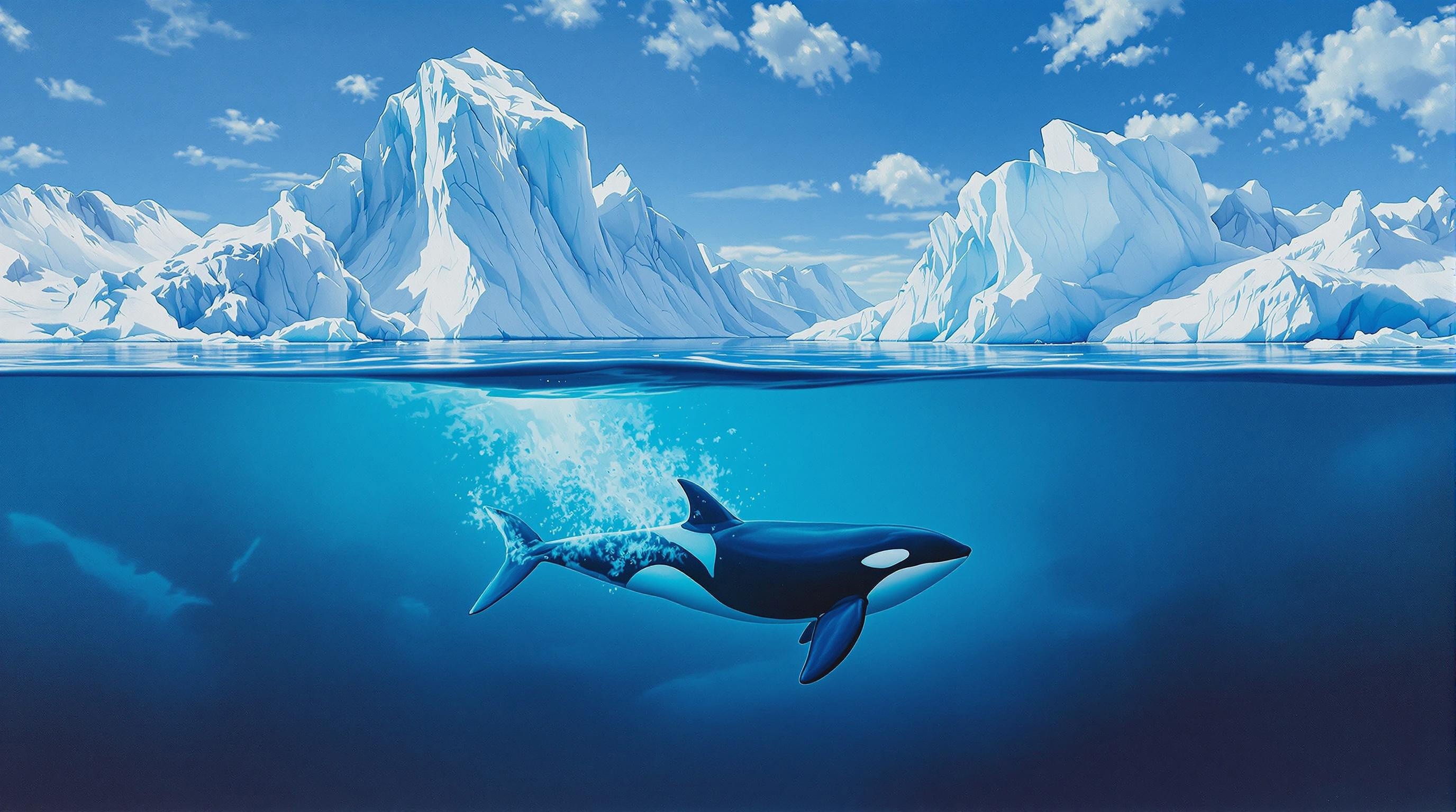 An enchanting scene capturing the Arctic wilderness. Above water, towering icebergs and expansive ice sheets under a clear, blue sky. Below water, a majestic Orca swims dynamically with power in the crystal-clear, icy waters of the Arctic Ocean. The artwork showcases the pristine, captivating beauty of the Arctic landscape both above and below the waterline. Oil painting, highly detailed and vivid colors, various shades of blue, and stunning light reflections. digital art, digital painting, matte painting
