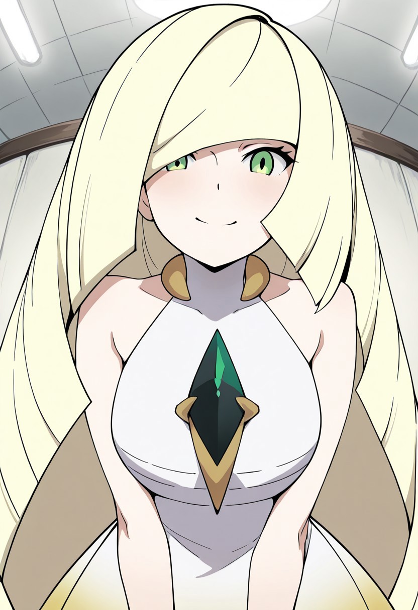 masterpiece, best quality, solo, curvy, beautiful eyes, girl, solo, smile, looking at viewer, dynamic pose, from below, (fisheye), foreshortening, close up,  (leaning forward, eye focus, anime screenshot, 
(upper body), white background,
zzLusamine, green eyes, blonde hair, long hair, very long hair, hair over one eye, bangs, white dress, sleeveless dress, diamond (shape), green gemstone, bare shoulders,