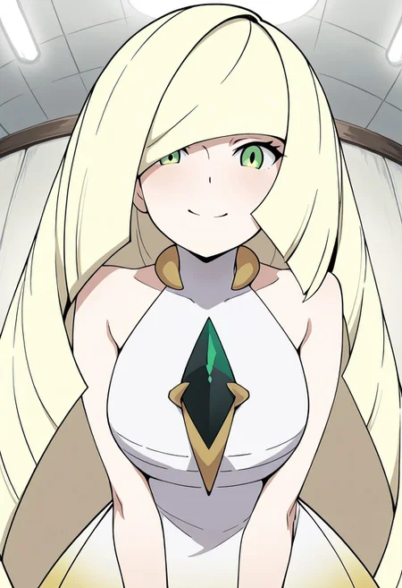 masterpiece, best quality, solo, curvy, beautiful eyes, girl, solo, smile, looking at viewer, dynamic pose, from below, (fisheye), foreshortening, close up, (leaning forward, eye focus, anime screenshot,
(upper body), white background,
zzLusamine, green eyes, blonde hair, long hair, very long hair, hair over one eye, bangs, white dress, sleeveless dress, diamond (shape), green gemstone, bare shoulders,