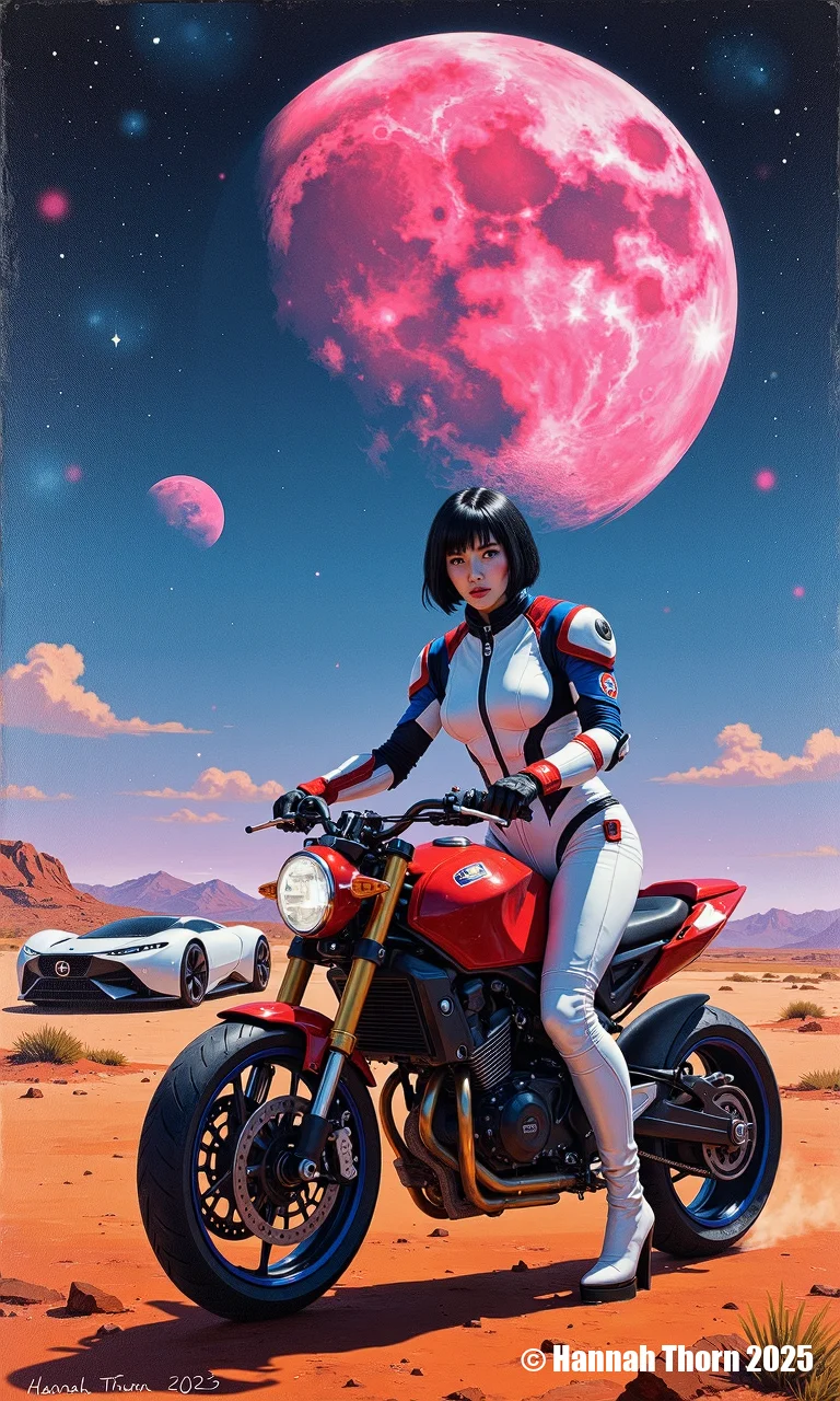 A cinematic, hyperrealistic digital painting in the style of Syd Mead, depicting a young woman with short black hair, wearing a sleek, white spacesuit with vibrant blue and red accents, confidently straddling a futuristic red motorcycle in a desolate, Martian-like desert landscape. A glowing pink nebula dominates the sky, punctuated by a large, pink moon and distant stars. A futuristic white hovercar is parked nearby. The woman's expression is serious and determined, her gaze directly confronting the viewer. Her black gloves and white boots complete the outfit. The overall aesthetic is a blend of sci-fi adventure and cosmic wonder, emphasizing a strong female protagonist in a vast, alien environment. Signature "Hannah Thorn 2023" subtly placed in the bottom right corner. <lora:_Flux\_Painting\Erotic Comic F.safetensors:0.7000000000000001:0.7000000000000001>