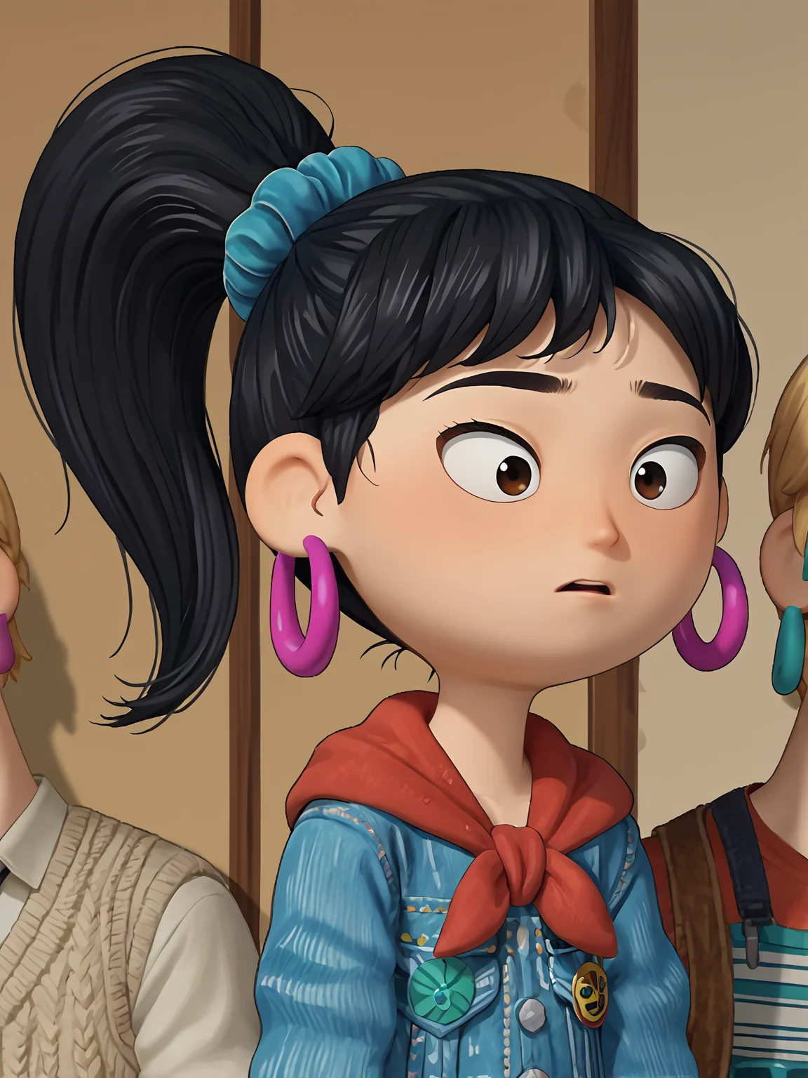 1girl, <lora:Ellie (Sprite Fright):0.95> elliesf, black hair, ponytail, earrings
score_7_up, source_anime