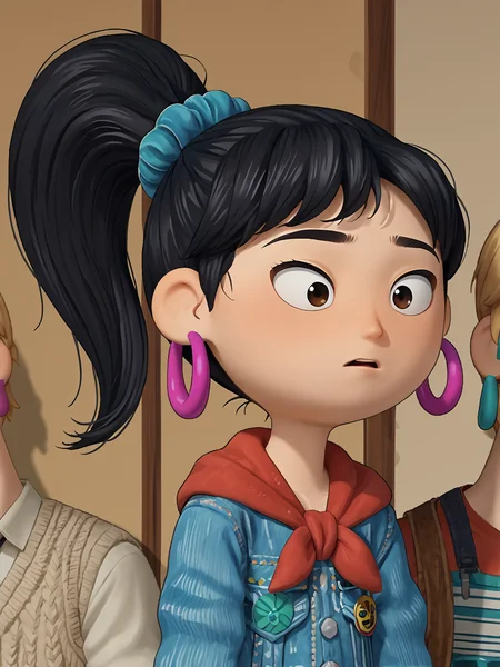 1girl, <lora:Ellie (Sprite Fright):0.95> elliesf, black hair, ponytail, earrings
score_7_up, source_anime