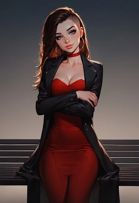 score_9, score_8_up, score_7_up,score_6_up, rating_safe, Expressiveh, masterpiece, ((1girl)), (solo), semi-realism,
(cute innocent girl), (smiling face:1.3), (full pouty lips), (lips parted:1.5), (bold black eyeliner), dark blue eyes, flawless shiny skin, dark brown hair, (undercut:1.1), (side swept hair), long hair, head tilt,
petite body, slim legs, long legs, (slim fit), (narrow waist), perfect ass, (pierced nipples outline), slender body, size C natural breasts, breasts apart, (covered breasts), (((clothed))),
hoop earrings, (long red dress, strapless dress, long sleeves dress), cleavage, red choker, (red thigh-high stockings), ((garters)), ((wearing a suitcoat over dress, black coat, linen coat)), shivering, arms crossed,
(looking_at_viewer), from behind:0.5, legs crossed:1.4, closeup:1.5
night, ((black bench)), outside, sitting, noir lighting