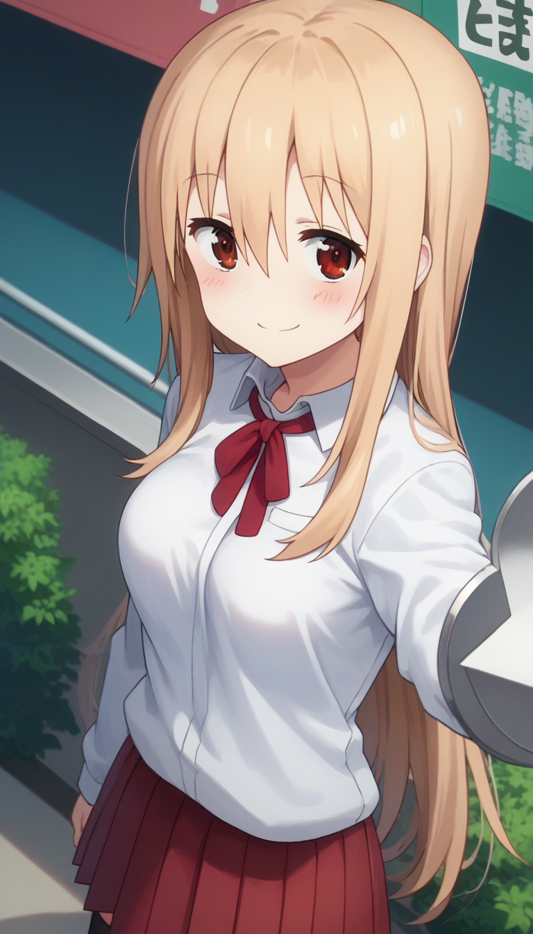 score_9,score_8_up,masterpiece,best quality,correct anatomy,anime_source,1girl,solo,perfect eyes,perfect arms,perfect legs,perfect face,outdoors,cowboy shot,looking at viewer,facing viewer,smile,blush,Doma Umaru,long hair,light brown hair,sidelocks,hair between eyes,bangs,brown eyes,school uniform,white shirt,collared shirt,dress shirt,red bowtie,neck ribbon,red ribbon,long sleeves,medium breasts,shirt tucked in,miniskirt,red skirt,pleated skirt,thighs,zettai ryouiki,black thighhighs,uwabaki,white footwear,<lora:Doma Umaru(huc)-Pony:1.8>,