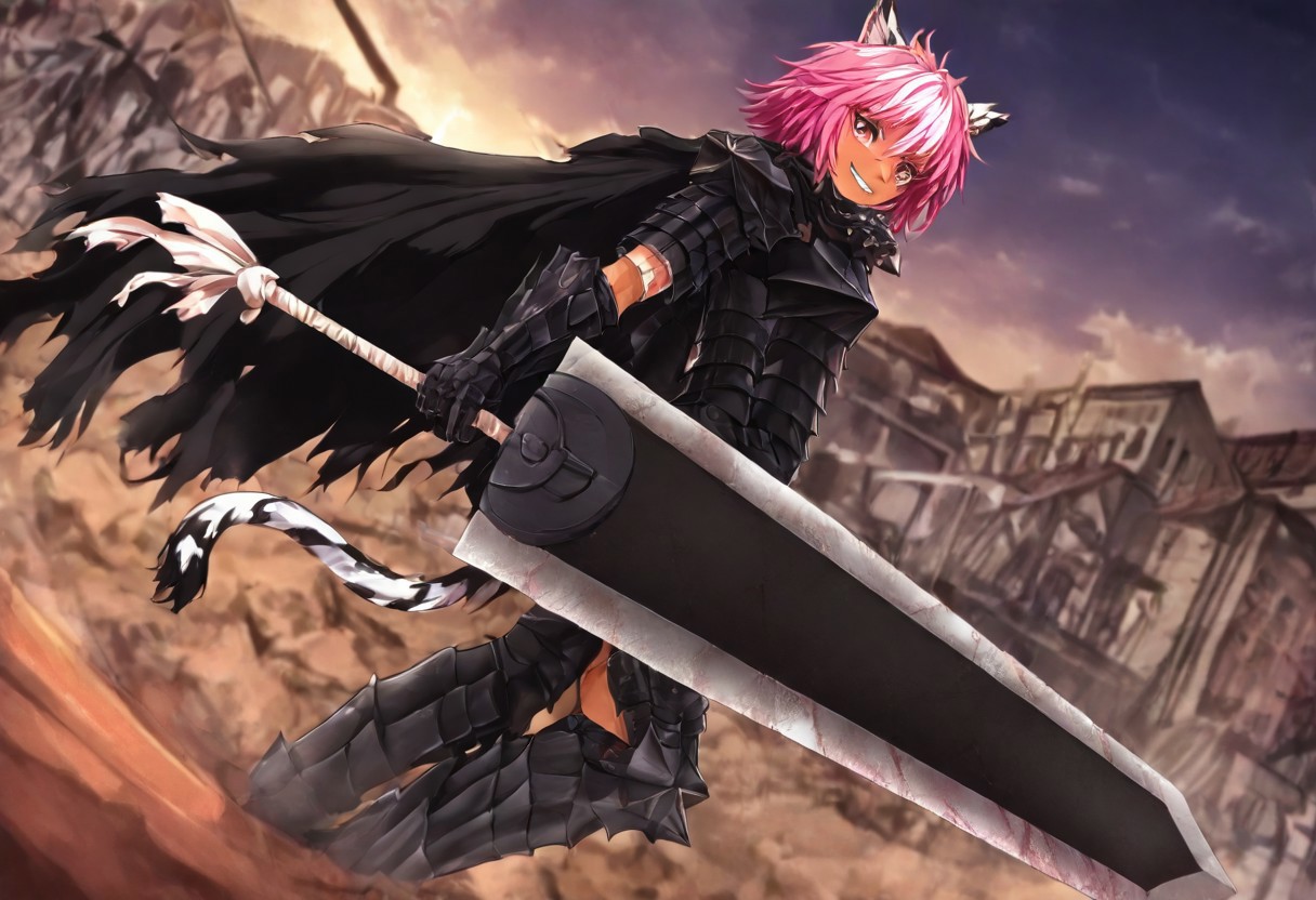 masterpiece, very aesthetic, anime screenshot, 1girl, Pink_PonyXL, DragonSlayerSword-Il.V1.0, black armor, shoulder armor, gauntlets, greaves, bandaged arm, black cape, torn cape, bright pink hair, cat ears, scar on nose, cat bell around neck, tanned, white tiger tail, small breasts, femine body, smiling, making a cute cat face, single fanged tooth showing, standing, looking at viewer, side view, wielding-dragonslayer, huge weapon, sword, holding sword, holding weapon, full body, zoomed in on pink_ponyxl, Dutch angle, cowboy shot 
Break
City square, bright and sunny, happy adoring crowd,