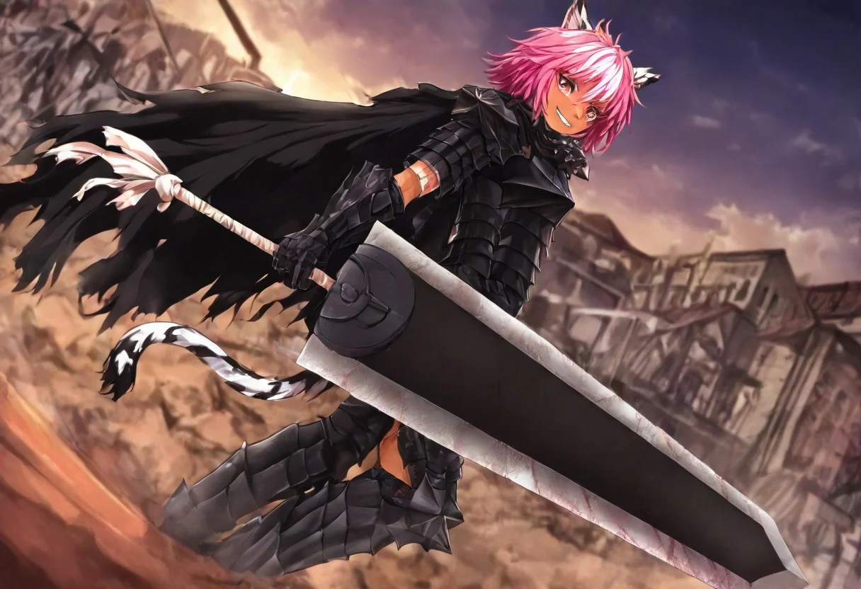 masterpiece, very aesthetic, anime screenshot, 1girl, Pink_PonyXL, DragonSlayerSword-Il.V1.0, black armor, shoulder armor, gauntlets, greaves, bandaged arm, black cape, torn cape, bright pink hair, cat ears, scar on nose, cat bell around neck, tanned, white tiger tail, small breasts, femine body, smiling, making a cute cat face, single fanged tooth showing, standing, looking at viewer, side view, wielding-dragonslayer, huge weapon, sword, holding sword, holding weapon, full body, zoomed in on pink_ponyxl, Dutch angle, cowboy shot
Break
City square, bright and sunny, happy adoring crowd,