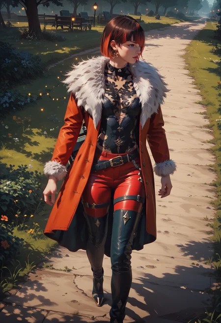 (score_9, score_8_up), score_7_up, <lora:PonyAnn4W:1> Ann4W, 1girl, fur coat, pants, belt, walking in the woods, on grass, dynamic angle, sunny, beautiful lights